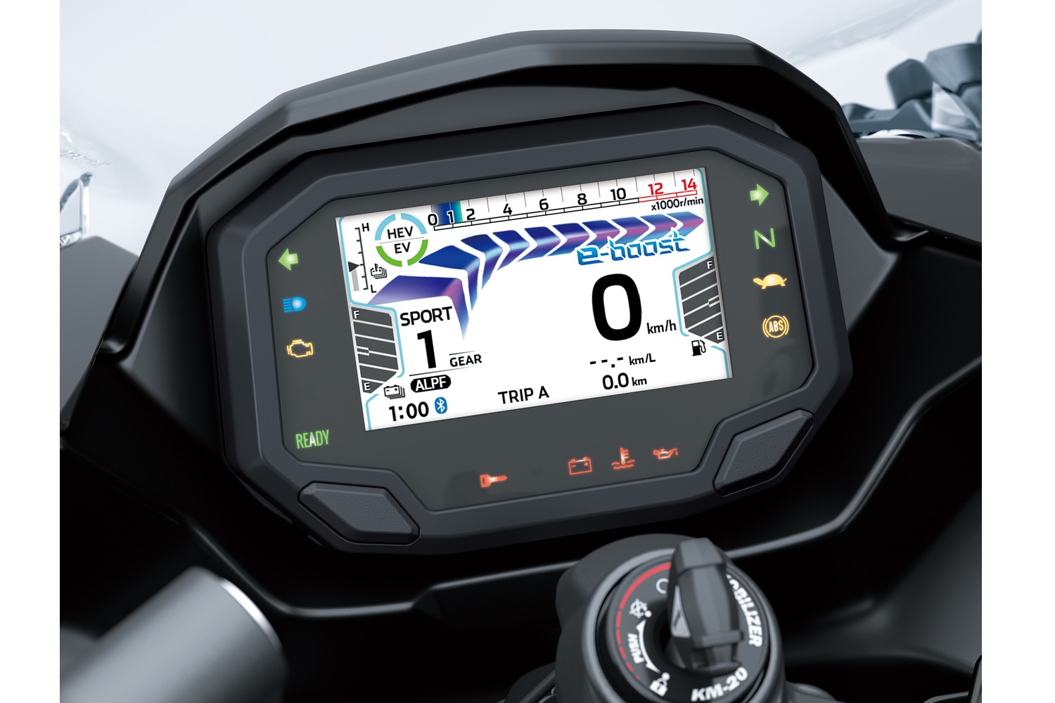 Kawasaki Ninja 7 Hybridの4.3インチTFTパネル　スポーツハイブリッドモードのエコブースト機能作動時の表示