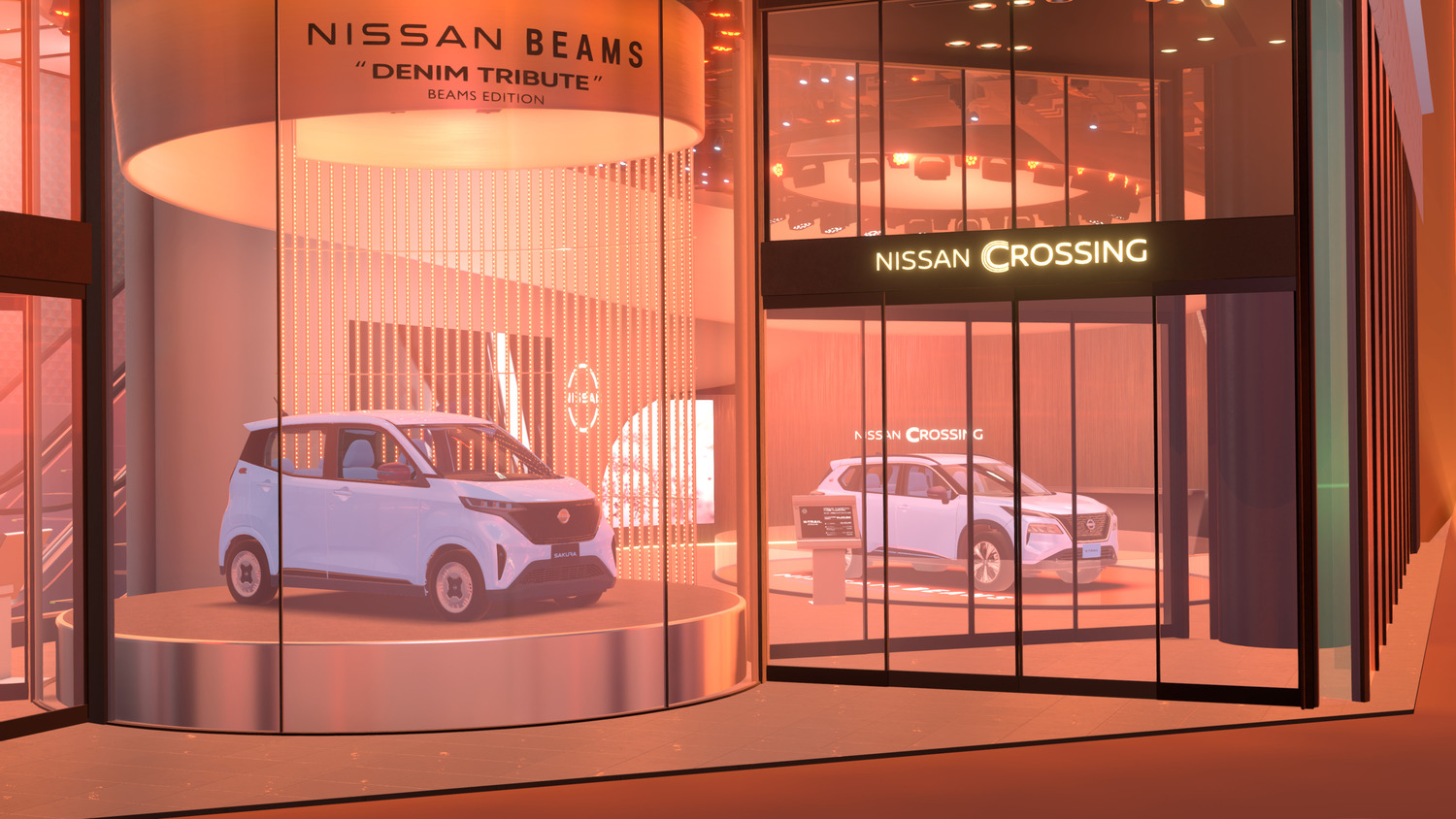 2025年1月27日にリニューアルされたVRChatの「NISSAN CROSSING」　軽EVの「日産サクラ」をはじめ特別仕様車「ビームス エディション」3台が展示されている