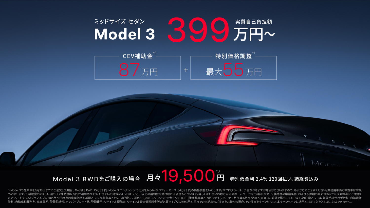 2025年6月30日までテスラ・モデル3の在庫車を注文すると、CEV補助金87万円を適用し実質399万円となる特別価格調整を発表