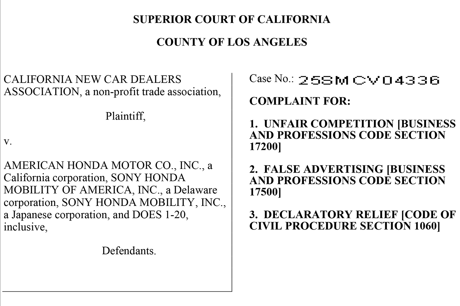 CNCDAによるソニーホンダ提訴の訴状の一部