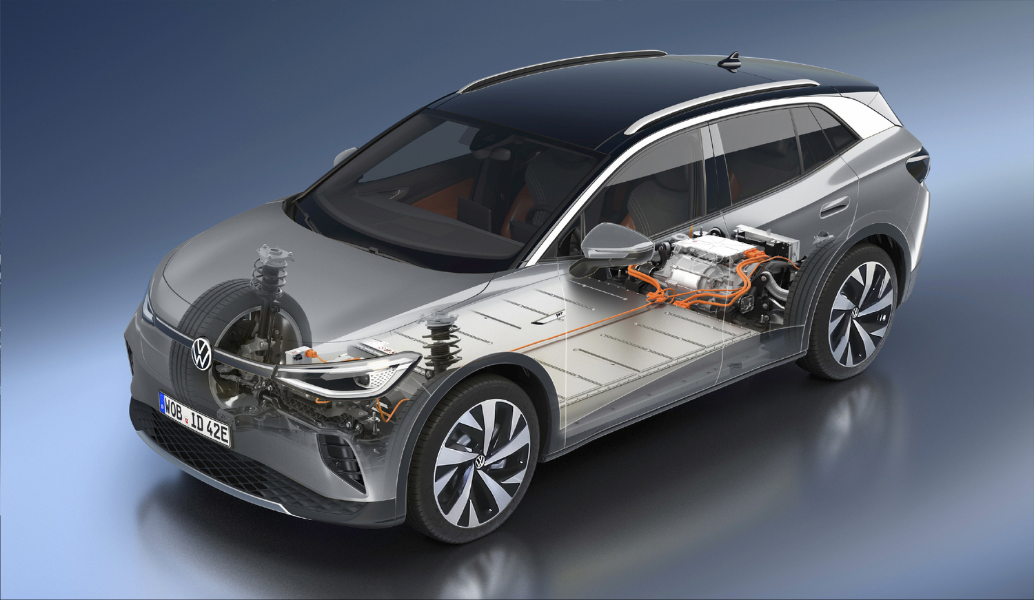 フォルクスワーゲンID.4のバッテリーとモーターのレイアウト図